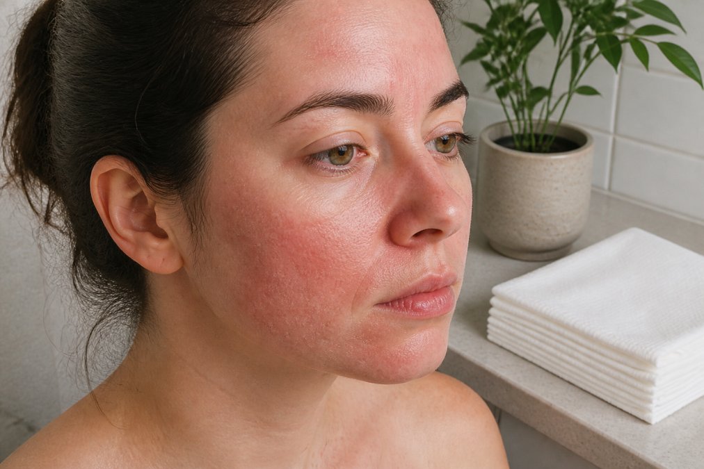 Close-up of a person's face showing visible signs of skin sensitivity with redness, dryness, and irritation on cheeks and forehead under natural morning light