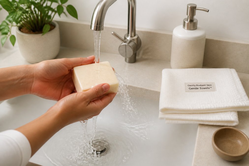 A person's hands holding a gentle bar soap over a sink with warm water running, demonstrating a calming cleansing ritual with soft natural lighting