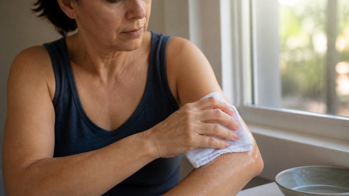 Close-up of a person's hands pressing a cool, damp cloth against their forearm, calm expression, soft natural light from a window