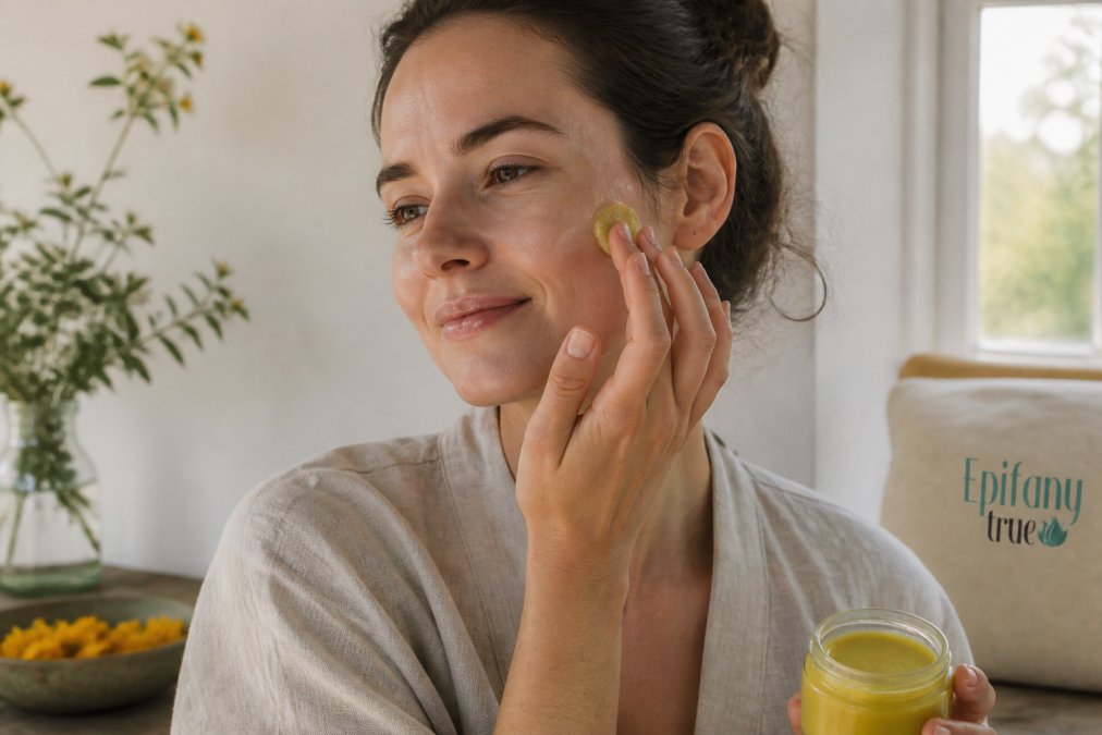 Woman gently applying botanical salve to her cheek to soothe skin stinging in soft morning light