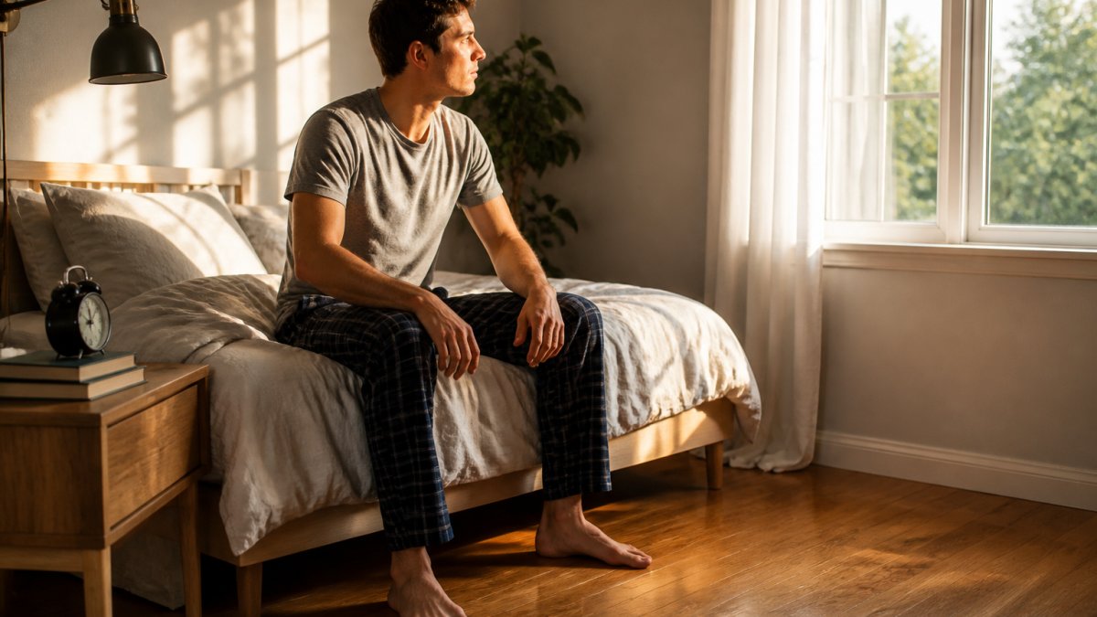 Person sitting upright in bed immediately after waking, feet planted firmly on the floor, looking alert with morning light streaming through bedroom window