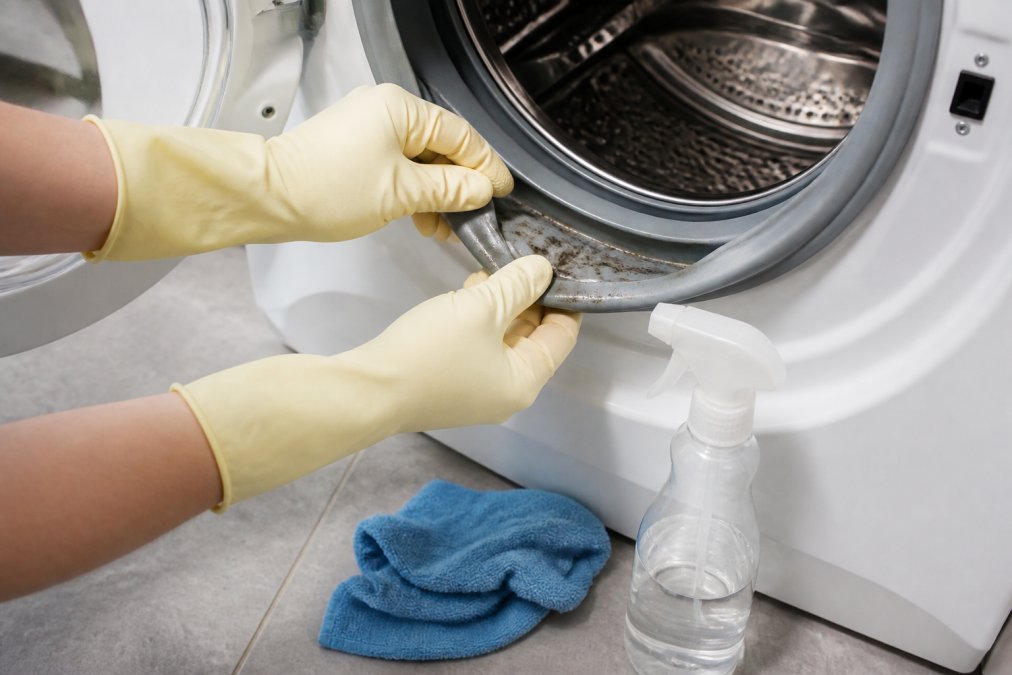 Close-up of hands in rubber gloves pulling back the rubber door seal of a front-loading washing machine, revealing dark residue and grime, with a cloth and spray bottle on the floor beside the machine in a bright utility room