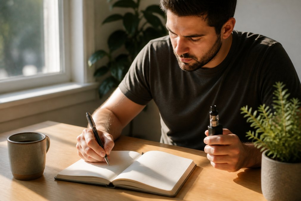 Person holding a UWELL vaping device in one hand while writing in a quit-smoking journal with the other, seated at a clean desk with morning sunlight streaming through a window