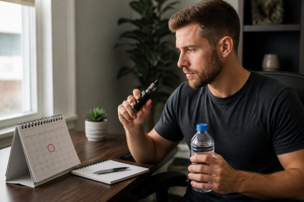 Person holding a vape device and a water bottle while sitting at a desk with a calendar marked with a quit date, showing a focused, determined expression