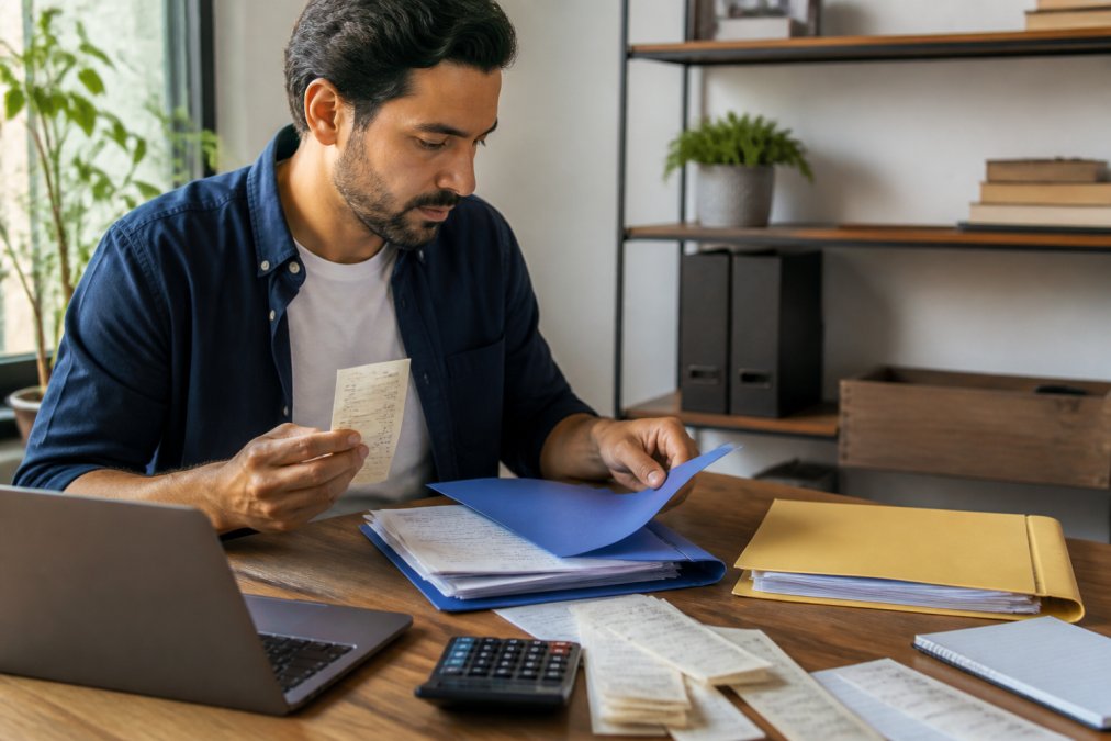 Self-employed professional at a desk with laptop, calculator, and financial documents, organizing receipts and invoices into separate folders with natural office lighting