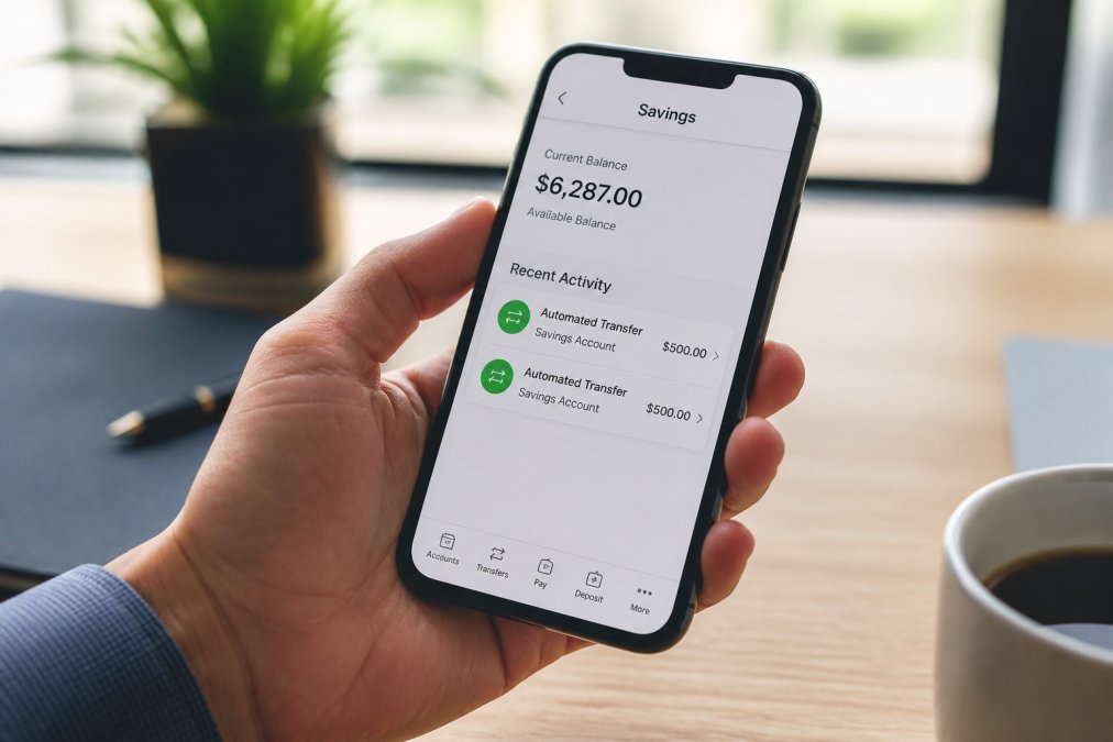 Close-up of smartphone showing a banking app with savings account and automated transfer notifications displayed on screen, with a person's hand holding the phone in natural office lighting