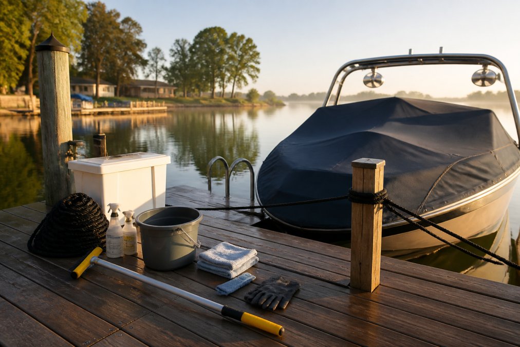 A well-maintained dock with a boat cover properly secured, showing clean railings and mooring lines free of cobwebs, with morning light reflecting off calm water