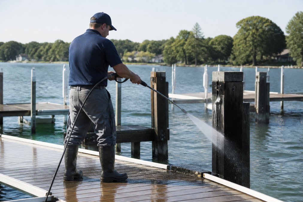 A dock maintenance worker using a pressure washer at low pressure on dock pilings and topsides, with water spray removing spider webs and debris in bright daylight