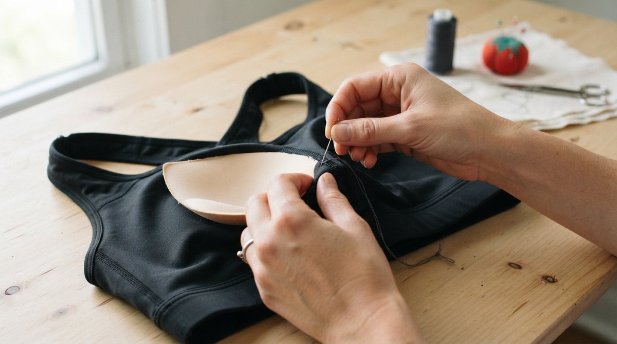 Close-up of a woman's hands sewing a foam bra pad into place inside a sports bra, needle and thread visible, bra resting on a clean bright table