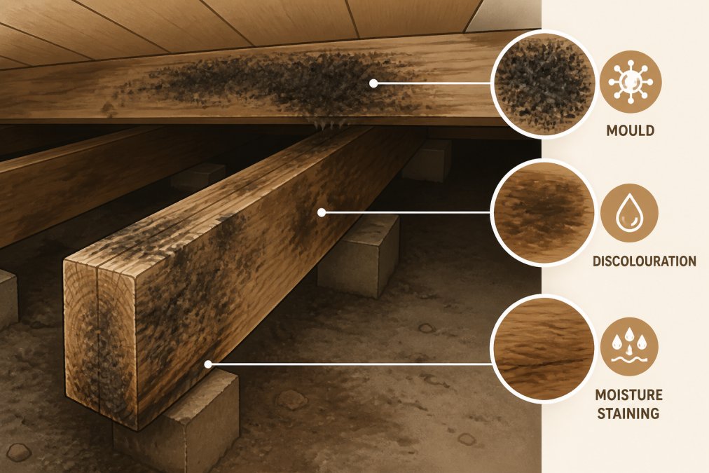Close-up of timber subfloor joists showing dark mould growth, discolouration, and moisture staining on wood surfaces in dim subfloor lighting
