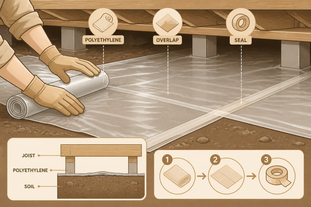 Hands carefully unrolling and positioning clear polyethylene film across subfloor soil, showing proper overlap technique and sealing with tape on the ground beneath timber joists