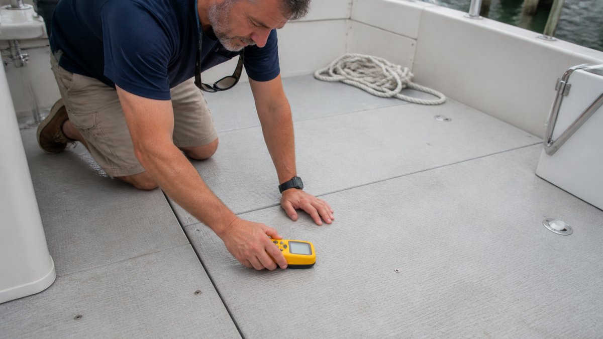 Professional using moisture meter to inspect boat deck for water damage and soft spots in subfloor, checking multiple areas with precision