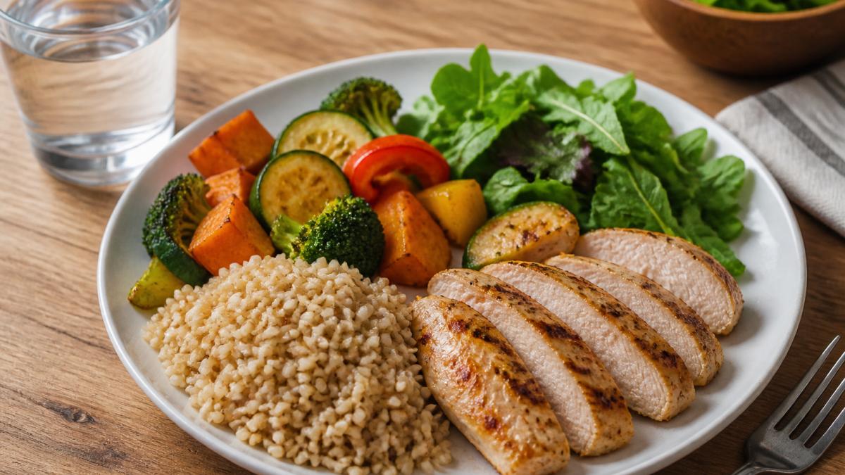 Colorful balanced meal plate with grilled chicken breast, roasted vegetables, brown rice, and fresh greens on a wooden table with a glass of water nearby