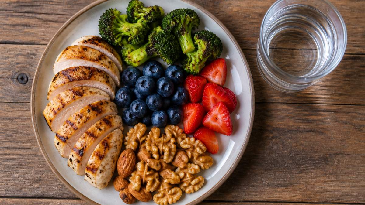 Overhead shot of a colorful plate with grilled chicken breast, roasted broccoli, berries, nuts, and a glass of water on a wooden table