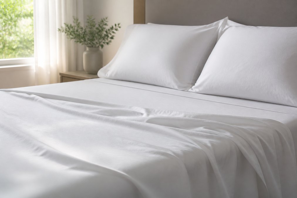 A neatly made bed with crisp white bamboo viscose sheets, soft natural light streaming from a nearby window, the smooth sateen weave texture visible in close detail