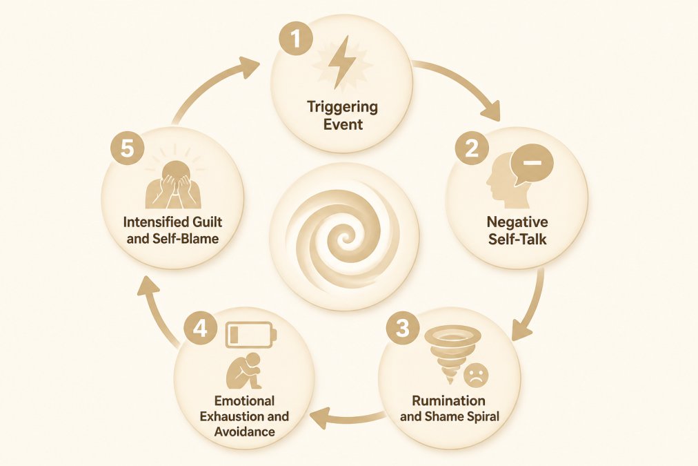 Circular flowchart showing guilt amplification: Triggering event → Negative self-talk → Rumination and shame spiral → Emotional exhaustion and avoidance → Intensified guilt and self-blame, with arrows looping back to the trigger