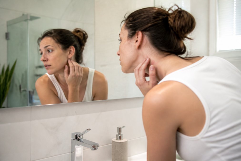 Person performing thorough body inspection by examining skin behind ears and neck with careful attention, using mirror in well-lit bathroom setting