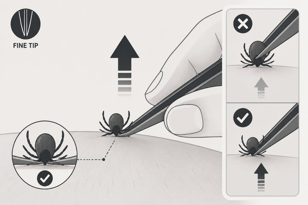 Hands using fine-point tweezers to remove an attached tick from skin with straight upward pulling motion, showing proper technique and positioning under bright lighting