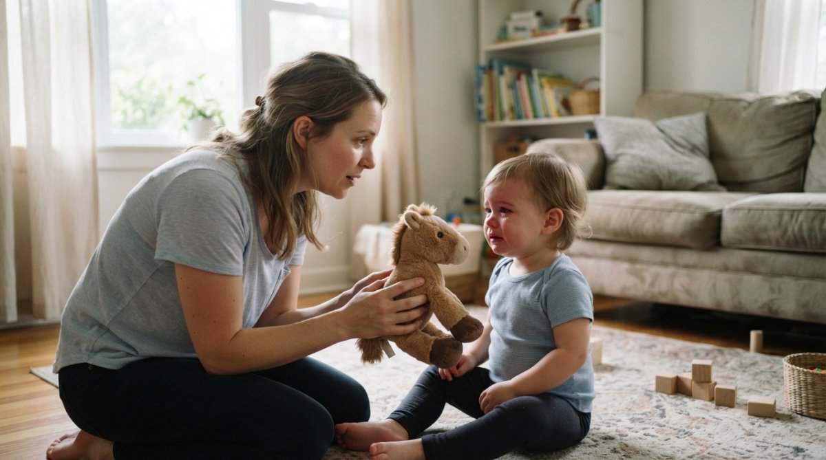 A parent kneeling to eye level with a young toddler, holding a plush horse toy, offering comfort in a bright living room with soft natural light streaming through the window