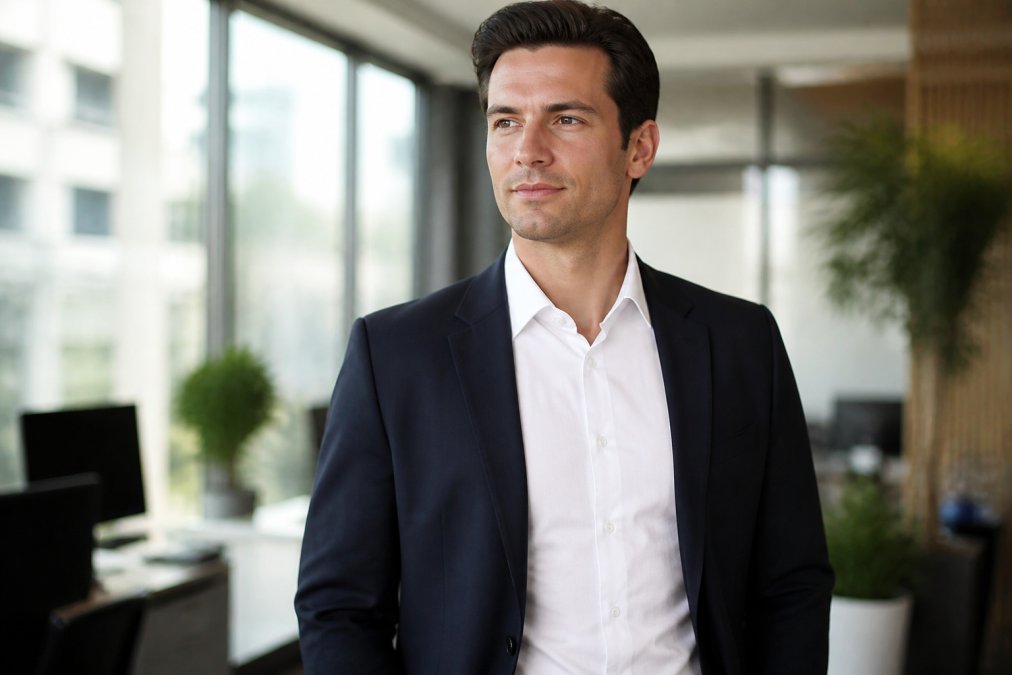 Confident professional in a suit staying dry despite needing underarm sweat patches in a modern office.