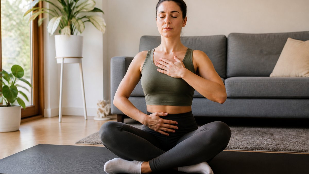 A woman in athletic wear practicing breathing exercises on a yoga mat in a bright home setting, one hand on her lower abdomen, focused and calm expression