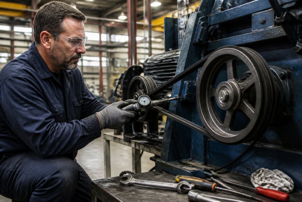 A maintenance technician in a manufacturing facility wearing safety glasses and work gloves, using a belt tension gauge on a V-belt drive system with visible pulleys and multiple accessory components under industrial overhead lighting
