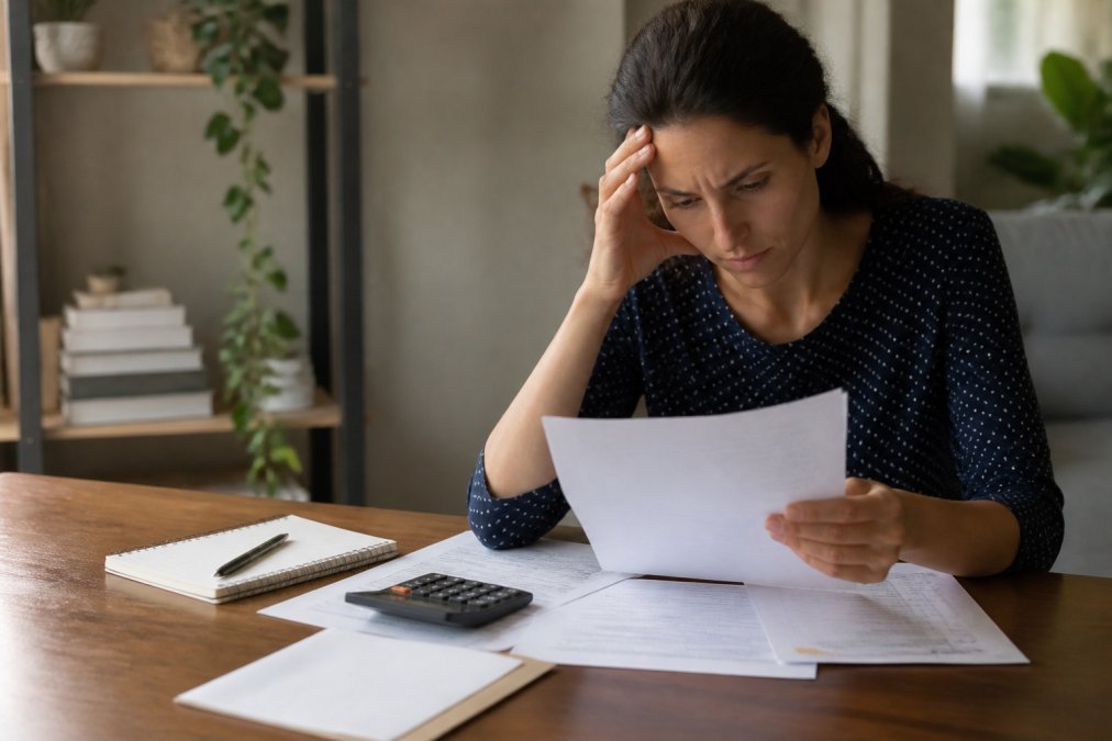Person sitting at a desk reviewing legal documents and financial statements with a concerned expression, calculator and notepad visible on the desk