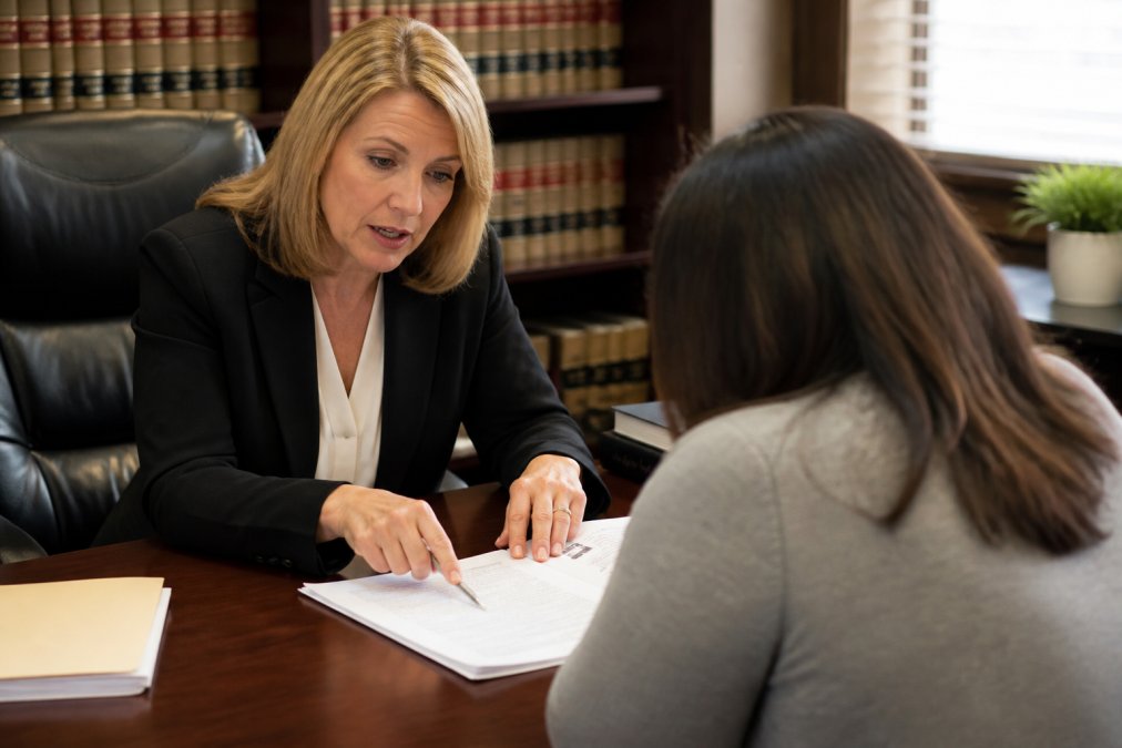 Attorney in business attire meeting with a client across a desk in a law office, reviewing documents together with professional demeanor