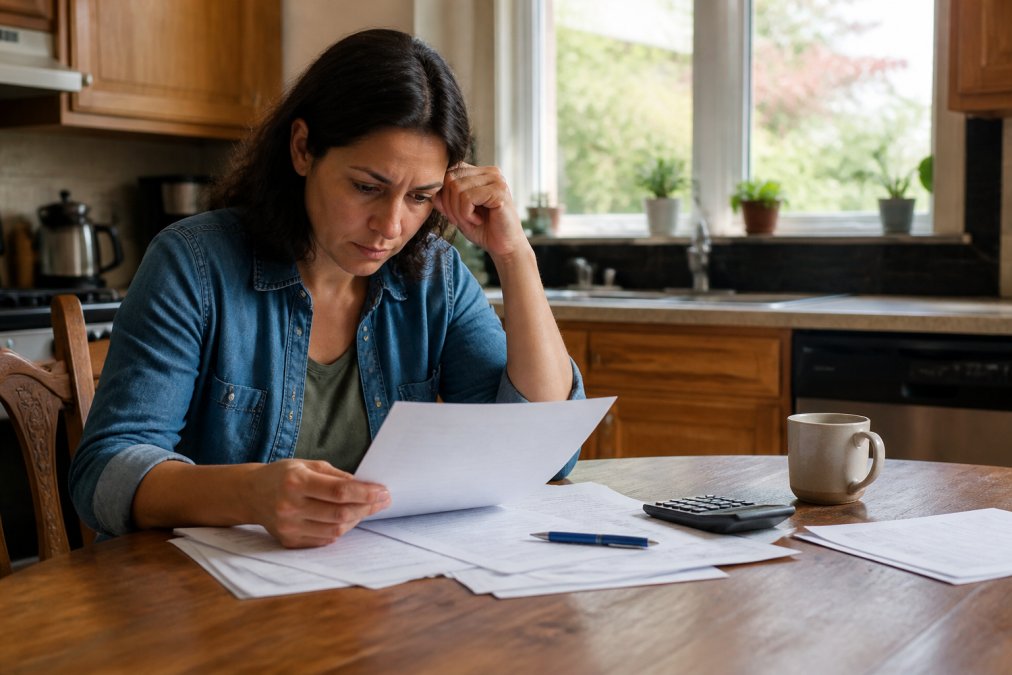 A person sitting at a kitchen table reviewing financial documents with a laptop and calculator nearby, natural daylight through a window, expression focused and concerned