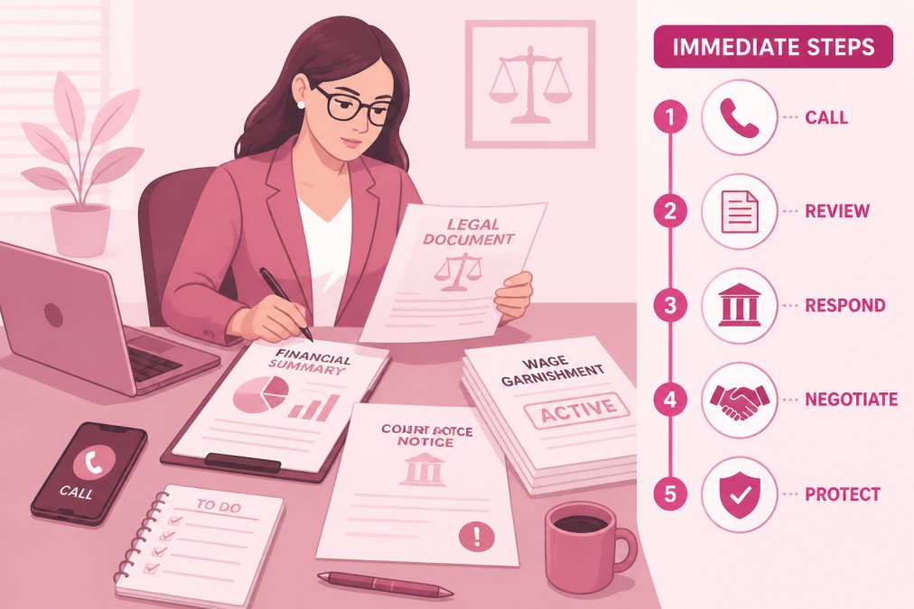 Professional reviewing legal documents at desk with pen in hand, laptop and phone visible, papers spread across workspace showing financial documents and court notices