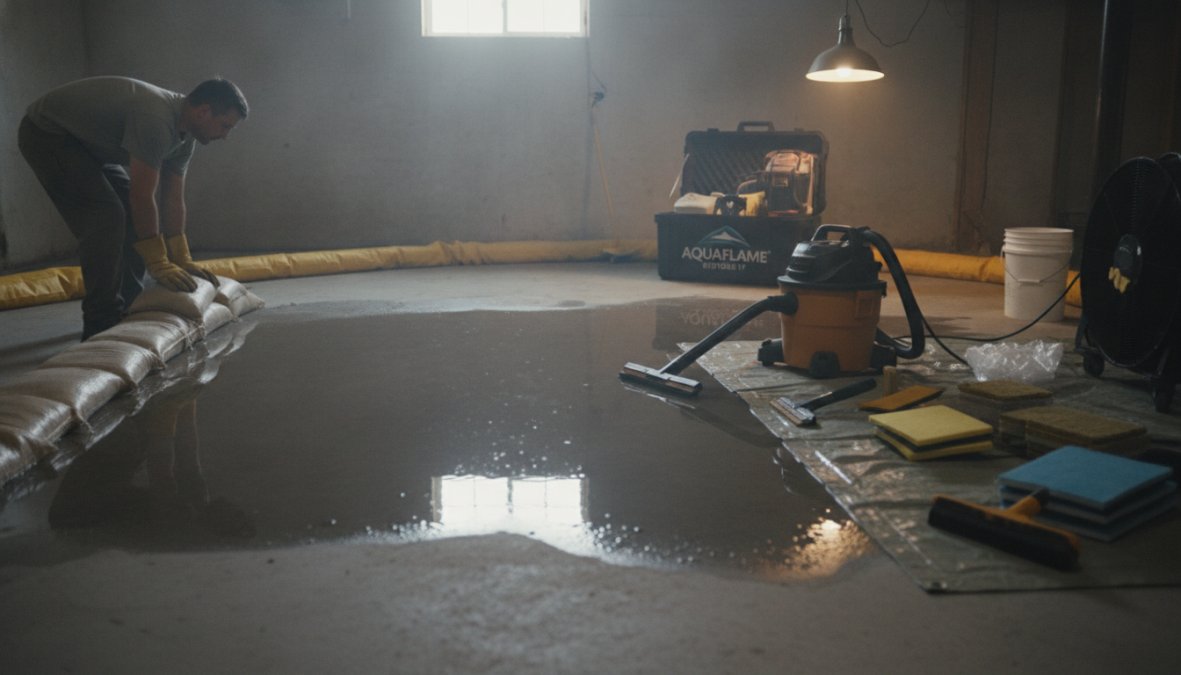 A homeowner using a wet-dry vacuum to extract standing water from a saturated carpet in a living room, with water pooling visibly on hardwood flooring