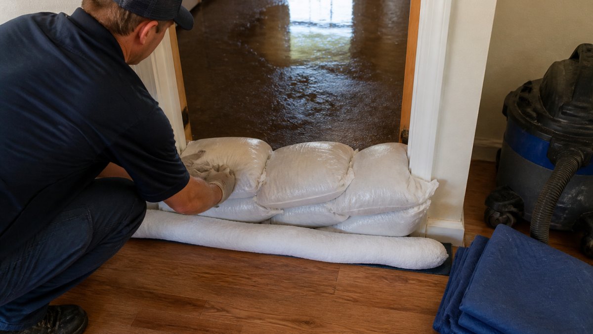 Person placing sandbags and absorbent barriers in a doorway to block water from spreading into the next room, with visible water pooling on the floor behind the barrier