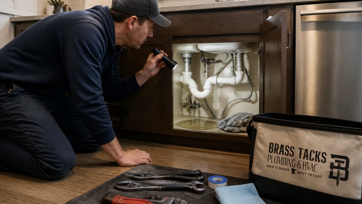 A homeowner kneeling on a kitchen floor using a flashlight to inspect pipes under a sink cabinet, with a small puddle on the cabinet floor and a towel nearby