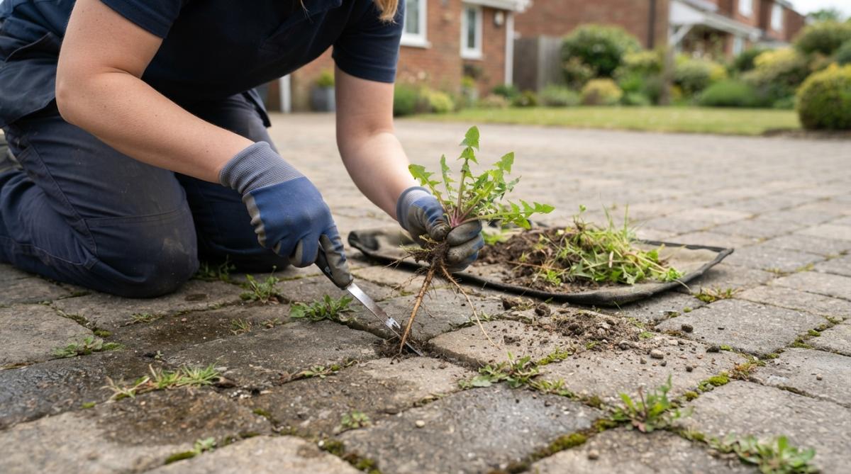 Close-up of a weeding knife removing a dandelion with visible taproot from block paving joints on a sunny day, showing the tool at the correct angle