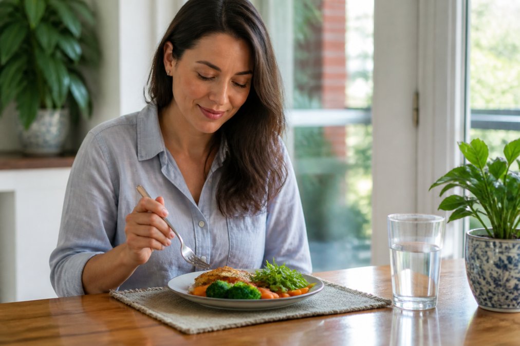 Person sitting at a dining table with a plate of balanced meals, taking a moment to eat mindfully with calm, focused expression in natural daylight