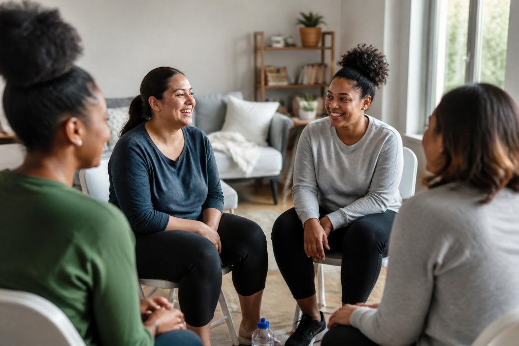 Small group of people meeting together in a supportive wellness setting, engaged in conversation about health goals with warm, encouraging expressions