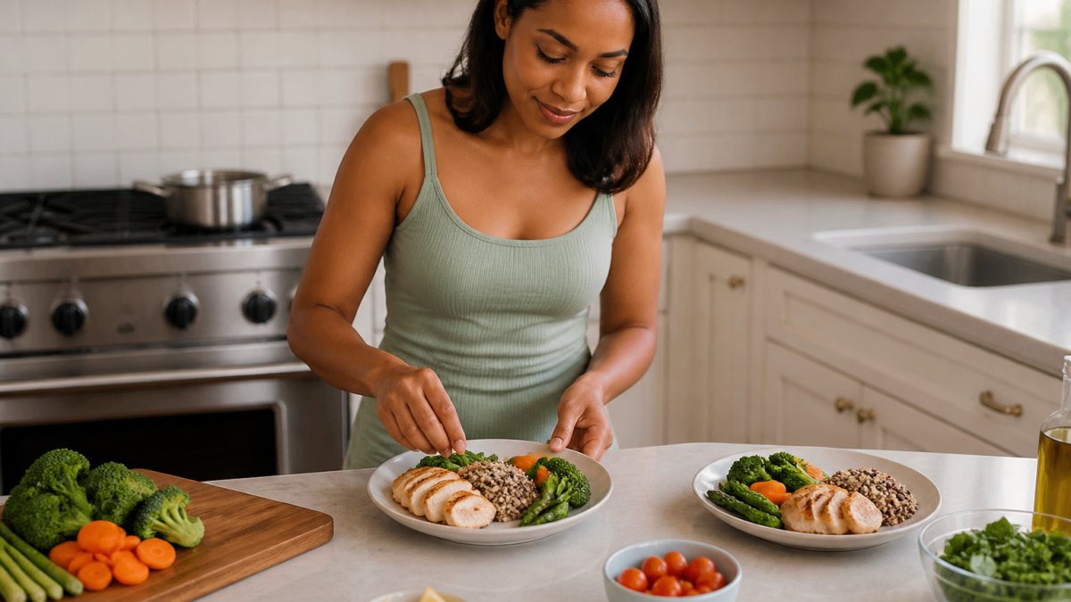 Person preparing a balanced meal with fresh vegetables, lean protein, and whole grains in a bright kitchen, showing portion-controlled plates