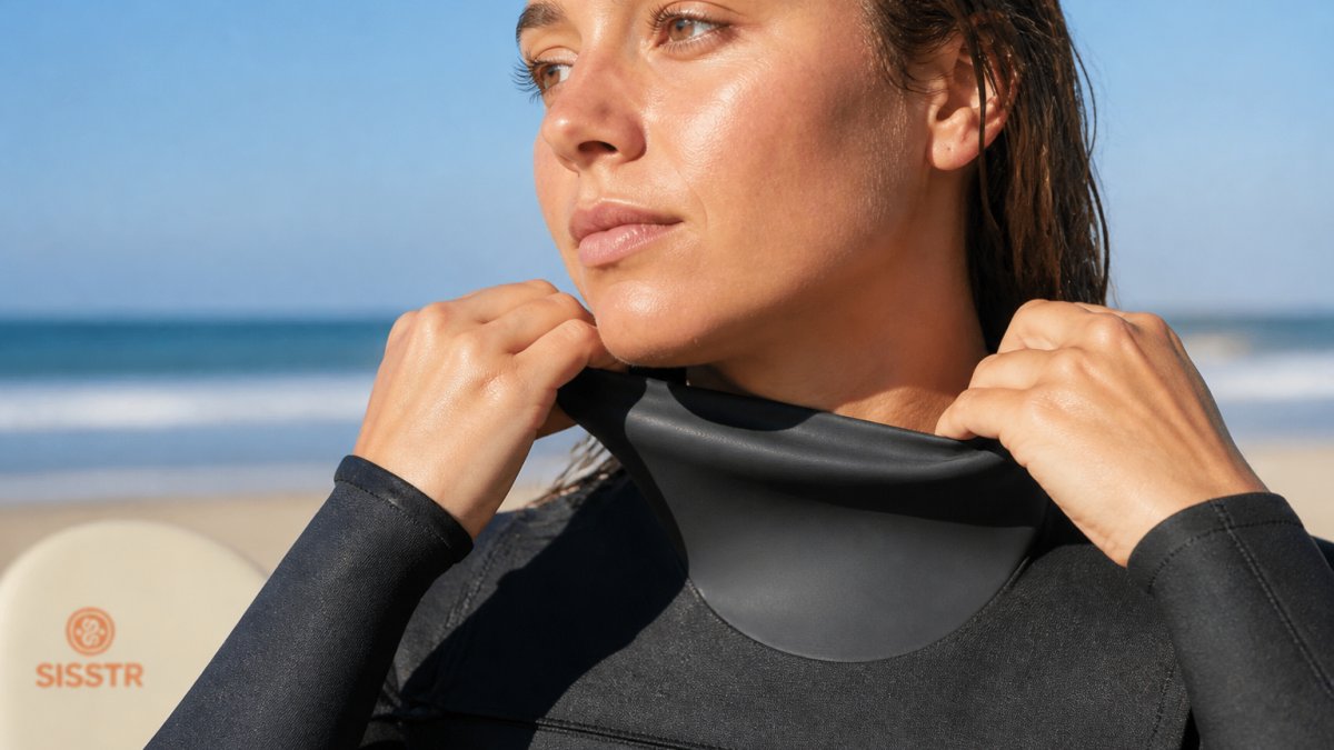 Close-up of a young female surfer adjusting the neck seal of her wetsuit before paddling out, showing her hands positioning the glideskin collar snugly against her neck in morning beach light