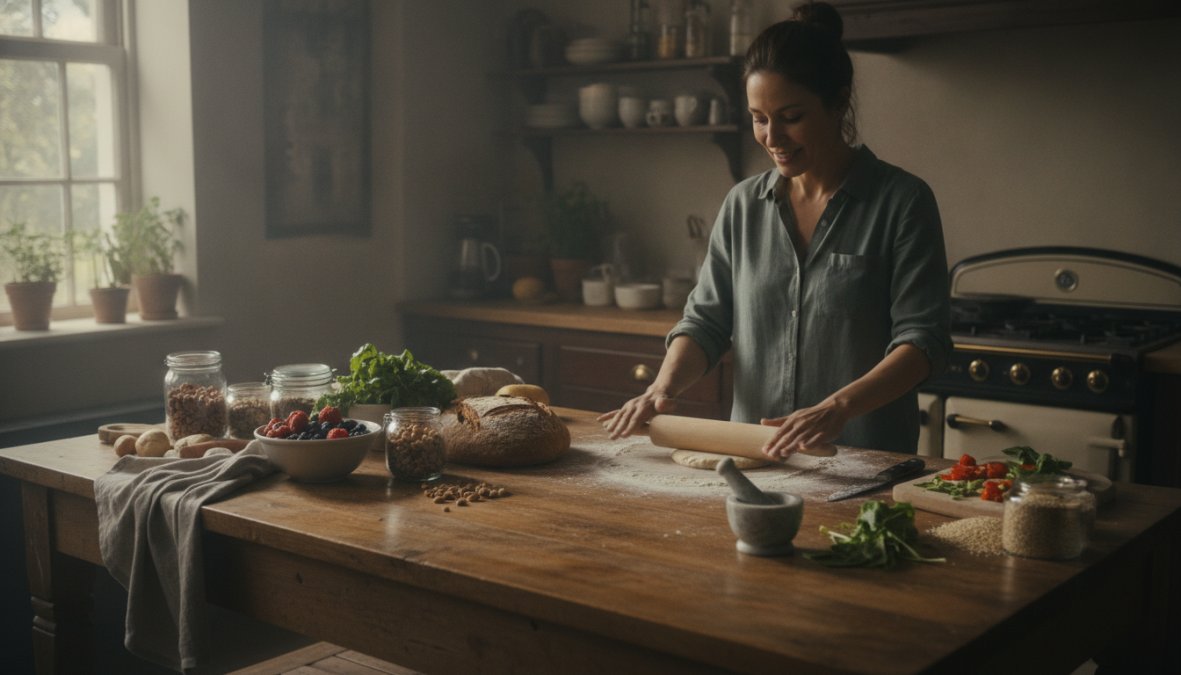 Person preparing a colorful balanced meal with grilled chicken breast, roasted vegetables, brown rice, and fresh greens on a bright kitchen counter with natural sunlight streaming through windows
