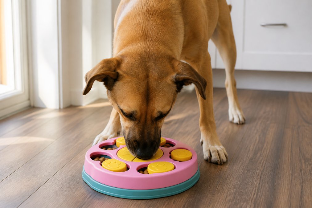 A medium-sized dog eating from a colorful slow feeder puzzle bowl on a kitchen floor, nose pressed into the ridges, kibble visible in the compartments, warm natural light from a nearby window