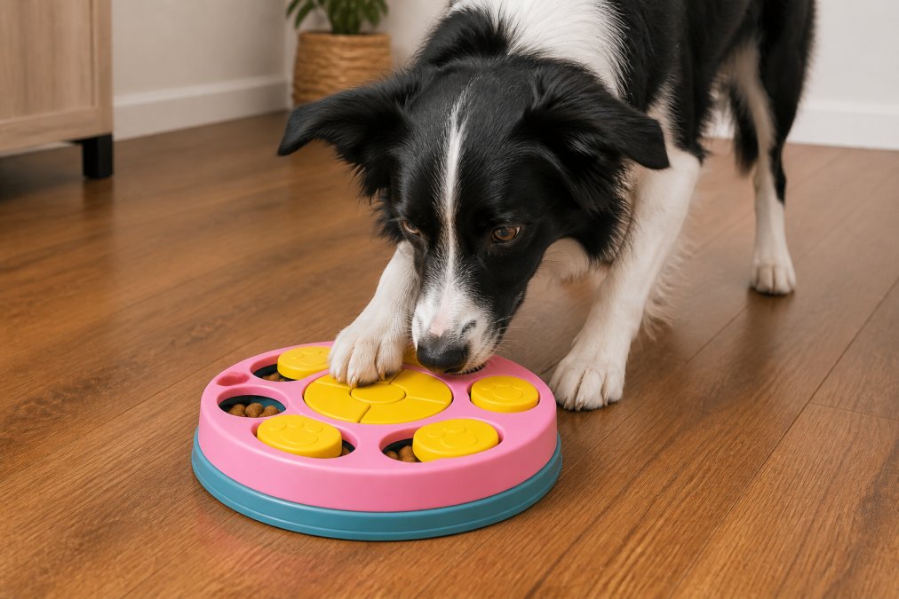A focused Border Collie pawing at a sliding wooden puzzle toy on a hardwood floor, a small treat visible under one of the raised buttons, warm indoor lighting, dog fully engaged and alert