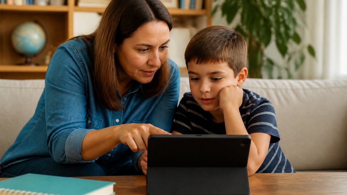 Parent using parental controls on a tablet with their child to stop YouTube rabbit holes together at home.