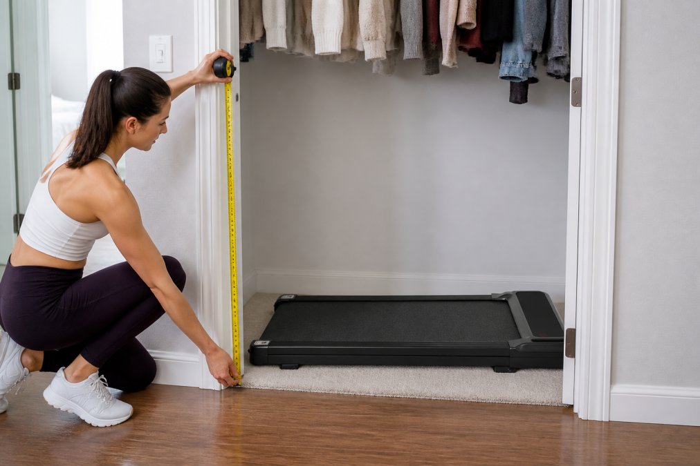 Person measuring a closet doorway and interior with a tape measure, showing vertical clearance and floor space, natural daylight from hallway