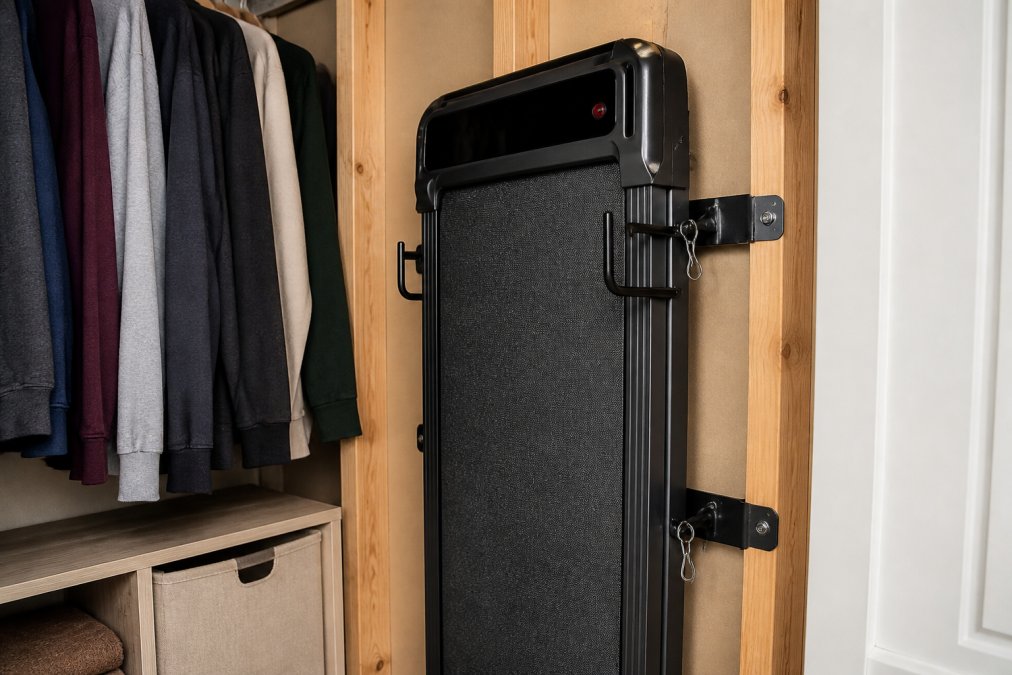 Close-up of a wall-mounted treadmill secured with heavy-duty hooks and safety pins, showing the mounting hardware and structural support in a closet with visible studs