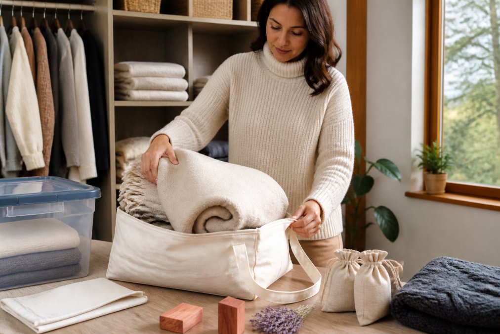A person carefully folding a soft alpaca wool blanket into a breathable cotton storage bag on a clean, well-lit table, with cedar blocks and lavender sachets visible nearby