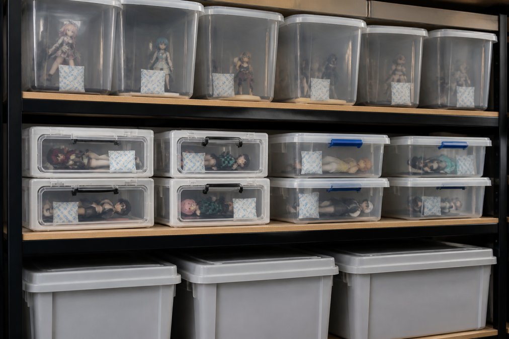 Organized collection of airtight plastic storage bins and crush-proof containers arranged on shelves with visible desiccant packets inside, showing proper long-term collectible preservation setup