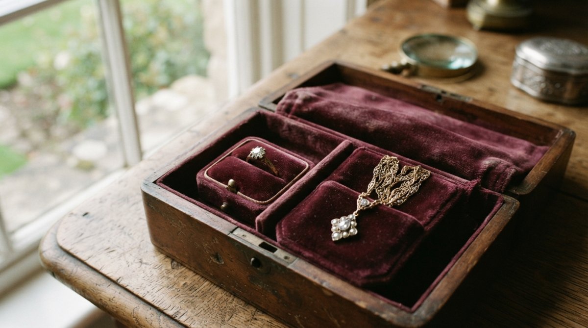 Antique diamond solitaire ring and vintage gold necklace laid carefully in soft velvet pouches with individual fabric compartments, morning light filtering through a window