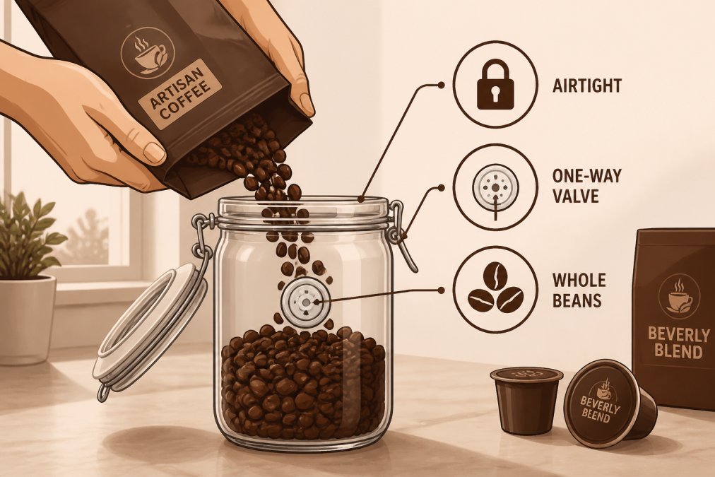 Close-up of hands carefully pouring whole coffee beans into an airtight glass container with a one-way valve on a clean kitchen counter, showing proper pouring technique with natural morning light