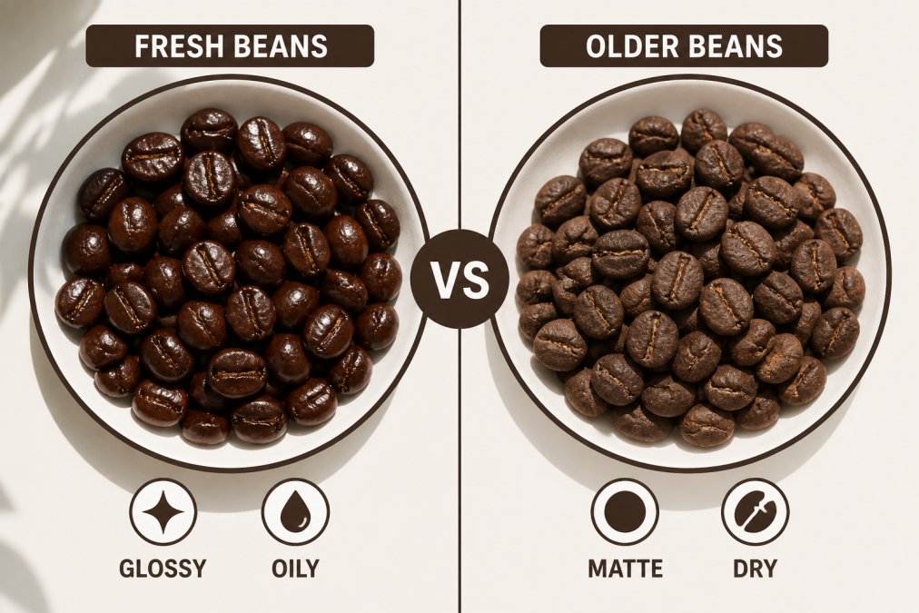 Side-by-side comparison showing fresh, glossy coffee beans with visible oil sheen next to older, dull beans with matte finish in natural daylight on a white surface, highlighting visual differences in appearance