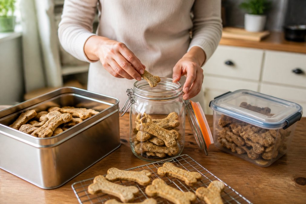 Hands placing homemade dog treats into a glass jar next to a metal tin and plastic container on a kitchen counter.